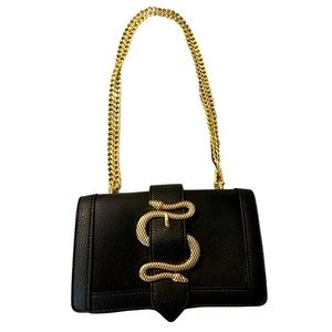 Express Black Clutch with Gold Chain Strap and Snake Detail Hardware